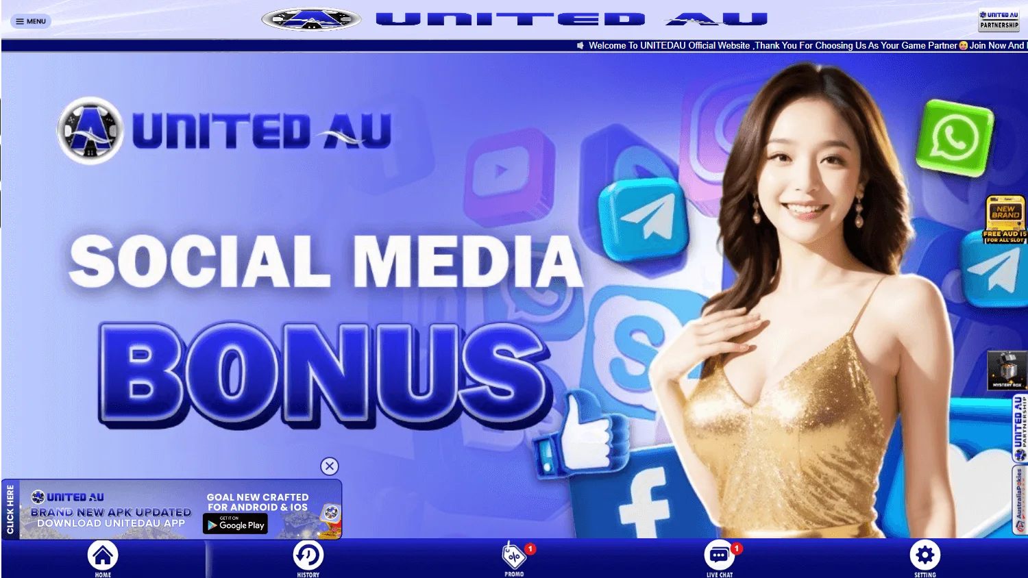 United Casino desktop home screen with casino access and welcome offer