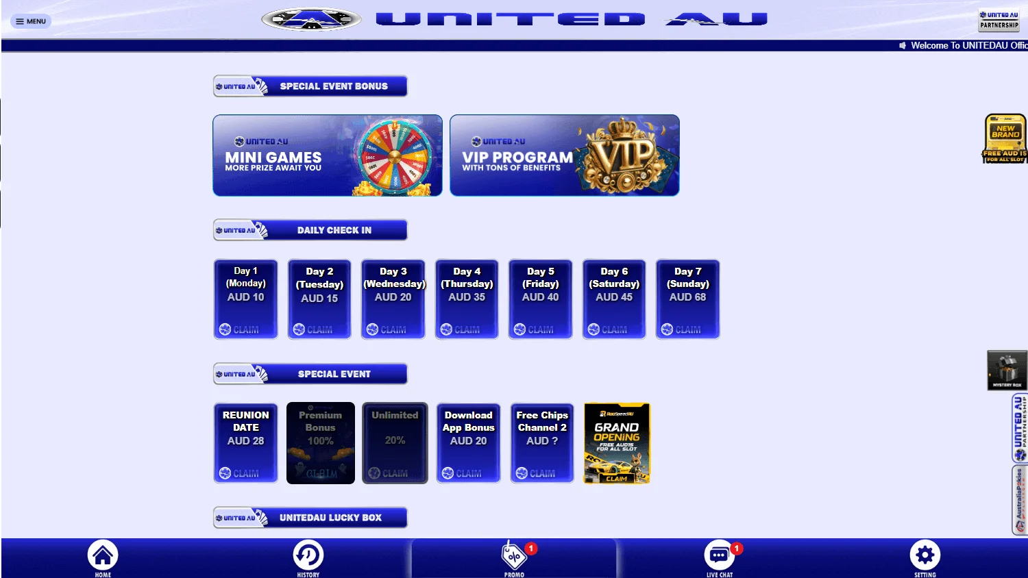 United Casino desktop promotions area with bonus offers and rewards