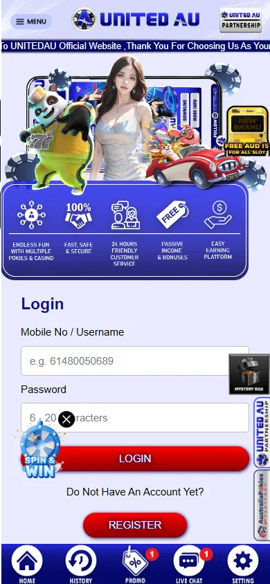 United Casino mobile home screen for Android and iOS players